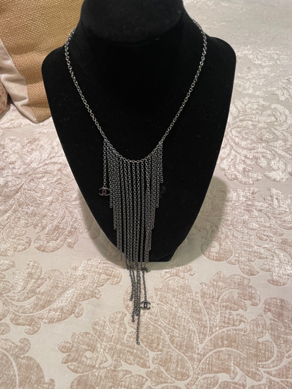 CHANEL Black Gunmetal Multi-Chain Fringe Necklace